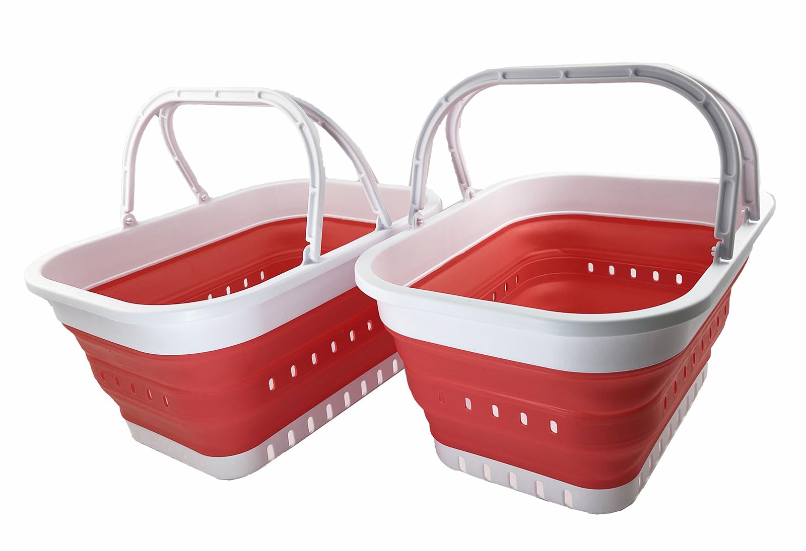 SAMMART 19L Collapsible Tub with Handle - Portable Outdoor Picnic Basket/Crater - Foldable Shopping Bag - Space Saving Storage Container (White/Coral Pink, 2)