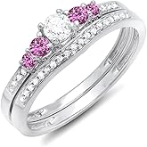 Dazzlingrock Collection Round Pink Sapphire And White Diamond 5 Stone Bridal Engagement Ring Matching Band Set, 14K Solid White Gold