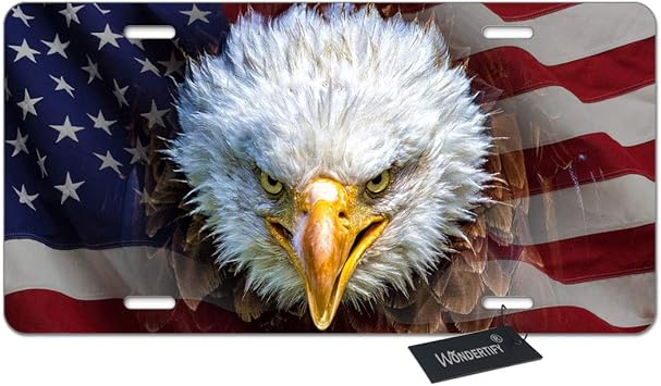Amazon Com Wondertify License Plate American Usa Flag With An Angry North American Bald Eagle Decorative Car Front License Plate Vanity Tag Metal Car Plate Aluminum Novelty License Plate 6 X 12 Inch 4 Holes Automotive