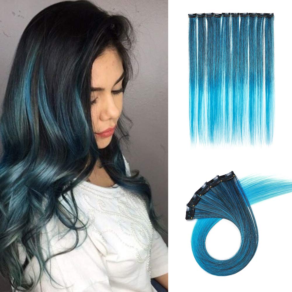 10PCS Colored Clip in Hair Extensions Straight Highlight Hairpiece Ombre 20 Inch Party DIY Hair Accessories For Kids Girls, Natural Black & Blue