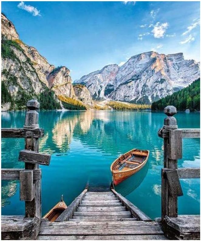 osmanthusFrag Paint by Numbers for Adults, DIY Painting Paint by Numbers Kits on Canvas, Lake Boat Mountain 16x20inch