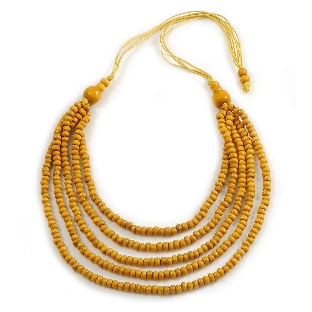 Avalaya Yellow Multistrand Layered Wood Bead with Cotton Cord Necklace - 90cm Max length- Adjustable