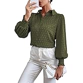Spriolim Button Down Shirt for Women Swiss Dot Lantern Long Sleeve Blouse Work Casual Tops