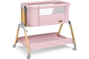 TotRun Bassinet Bedside Sleeper, Rocking Bassinets with Comfy Mattress and Wheels for Newborn, 5-Height Adjustable (Pink)