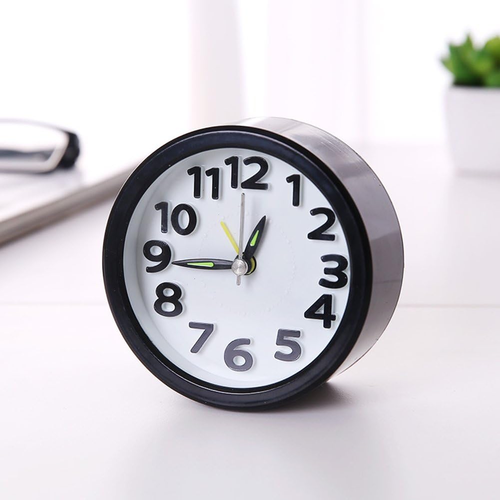 Alarm Clock, Bedroom Round/Square Shape Non Ticking Travel Wake up Timer Alarm Clock with Snooze and Nightlight Small Clock, Travel Sweep Silent Movement Beep Alarm Clock (Round Shape 2,Black 2)