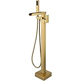 Wowkk Freestanding Bathtub Faucet Brushed Gold Waterfall Tub Filler Floor Mount Brass Single Handle Bathroom Faucets with Hand Shower