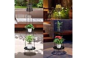 giole 2 Pack Outdoor Floor Lamp with 2 Layers Plant Stand, Metal Solar Lamp with Tree of Life Pattern Outdoor Light Decor for Patio Porch, Yard, Pathway (47 Inches Tall)