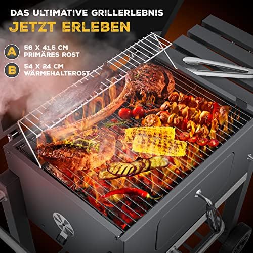 ® Chariot à Barbecue | Grill XL à Charbon de Bois avec Couvercle, Roues, poignée en Acier Inoxydable, Grille et thermomètre | Grand Barbecue au Charbon de Bois