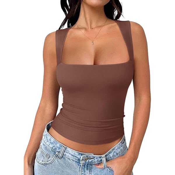 QINSEN Womens Sleeveless Basic Tank Top Slim Fitted Square Neck
