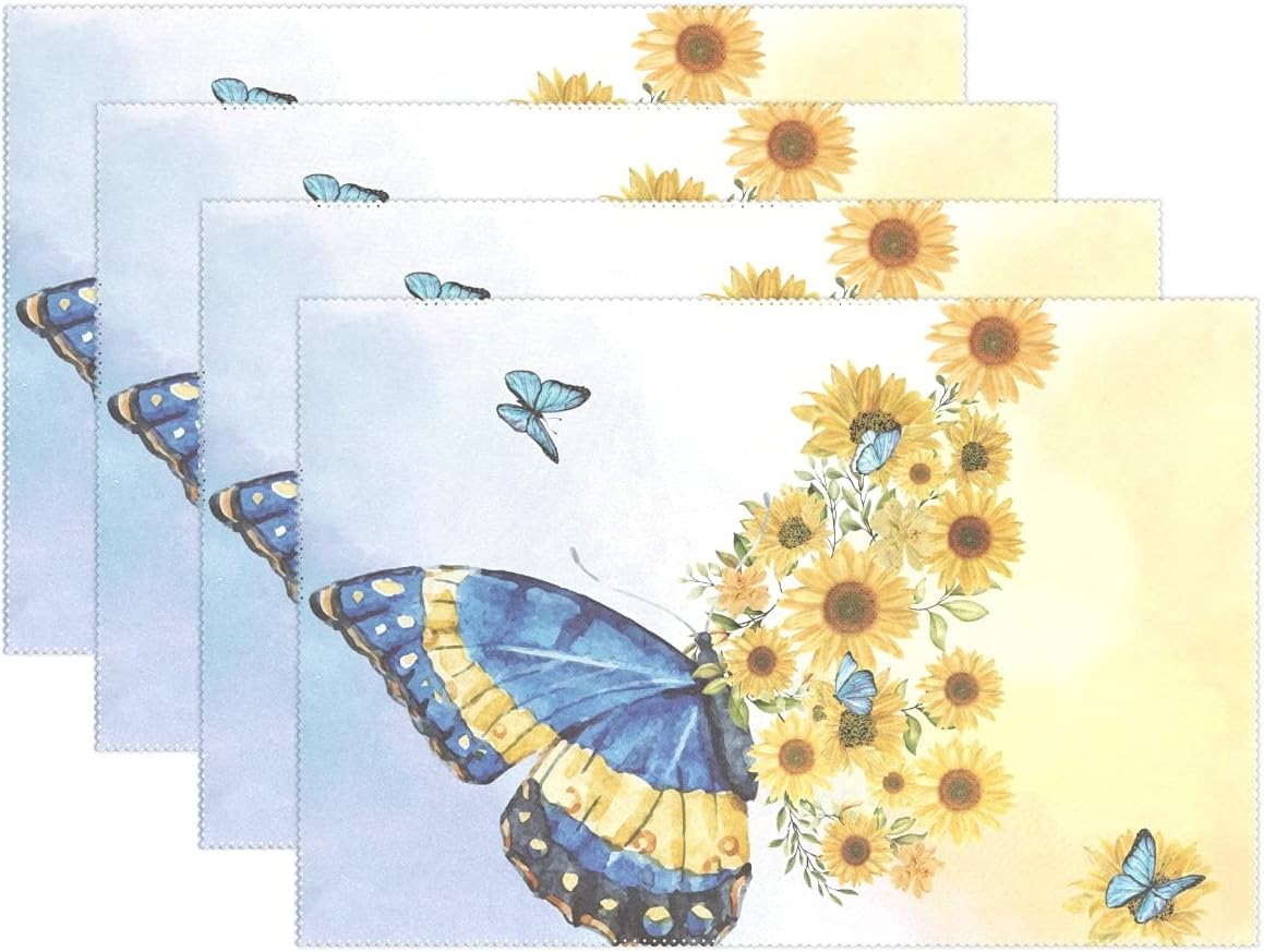 Sunflower Butterfly Placemats Set of 4,Colorful Flowers Washable Wear Resistant Table Mats for Party Kitchen Dining Decor 12 X 18 inch