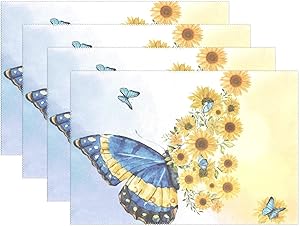 Sunflower Butterfly Placemats Set of 4,Colorful Flowers Washable Wear Resistant Table Mats for Party Kitchen Dining Decor 12 X 18 inch