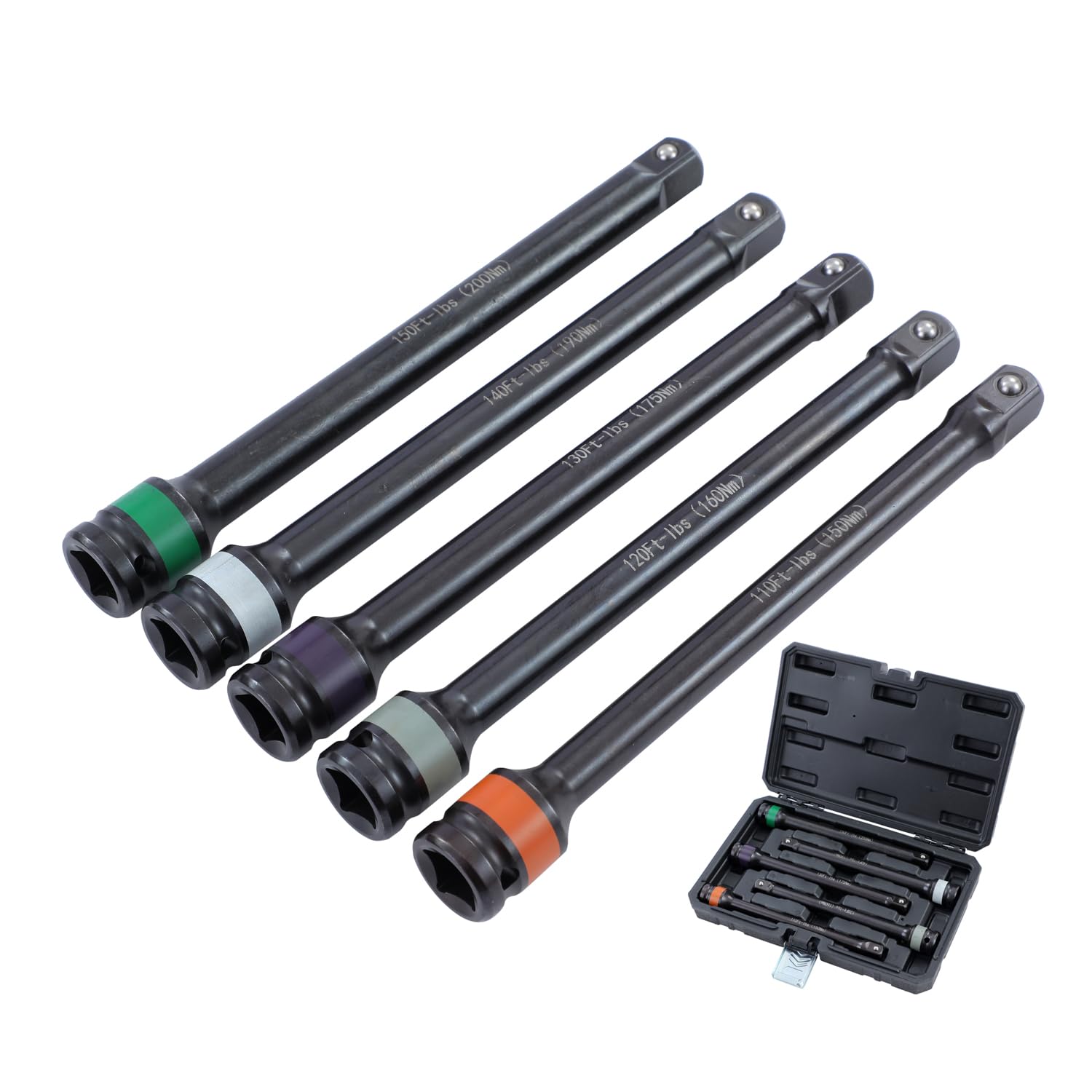 KATSU 1/2 Inch Drive Torque Limiting Extension Bars 8 Inch/200mm 5 PCs 110-150 ft.-lb.Torque, Chrome Moly Steel, for Safely Locking Lug Nuts, Impact Torque Limiter Set 420371