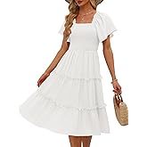 LILLUSORY Women's Summer Casual Flutter Sleeve Square Neck Smocked Midi Dress