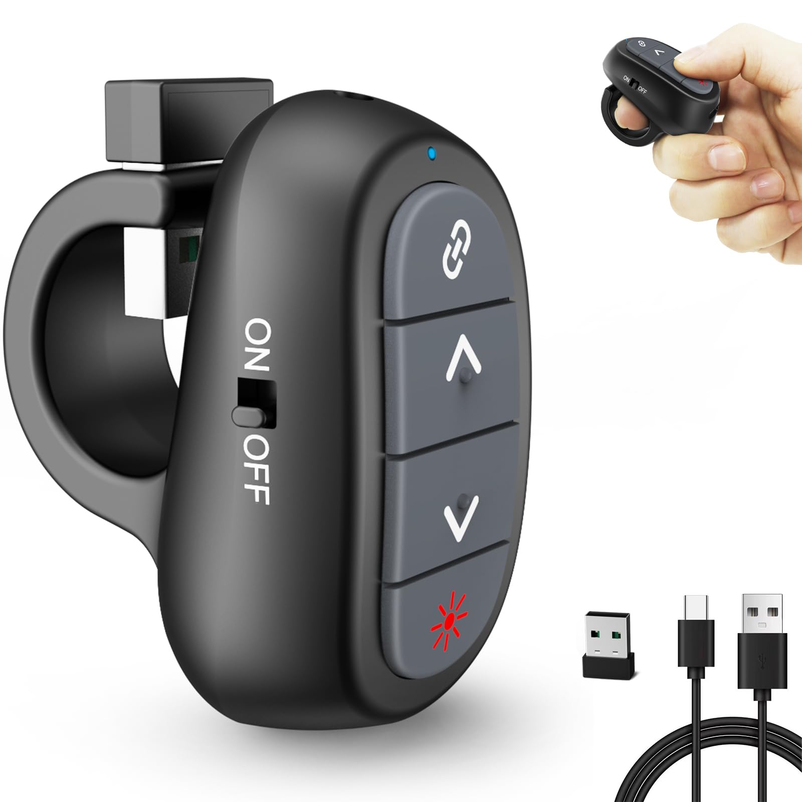 Presentation Clicker Wireless Presenter Remote: Red Light Pointer PowerPoint PPT Clickers, Rechargeable USB Presentations Finger Ring Hyperlink Google Slide for Mac Laptop Office Computer