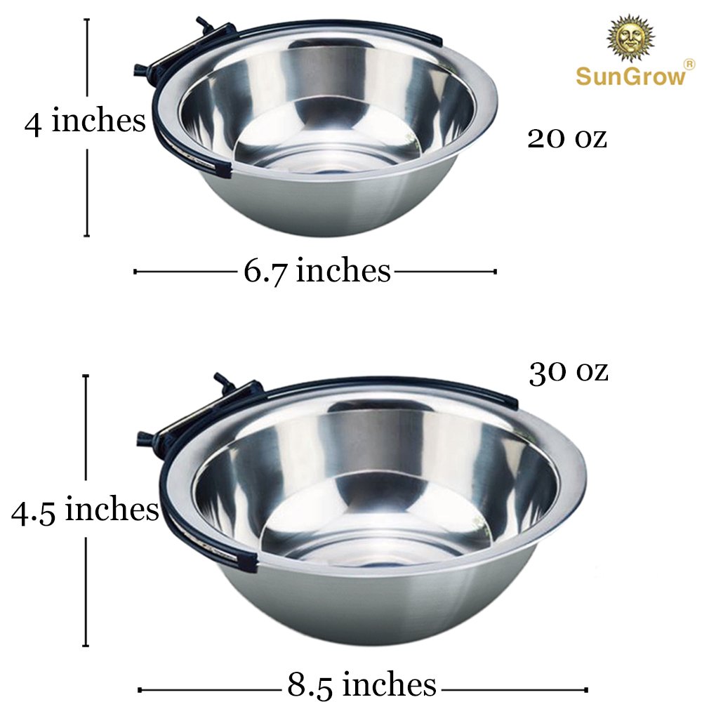 2 Stainless Steel Bowl for Pets by SunGrow: Easily attaches to cage; Perfect for Cats and Dogs; Simple removal; Reduce water and food spills; 30 oz/20 oz