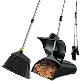 Outdoor Broom and Dustpan Set with Long Handle, Heavy Duty Upright Standing Dust Pan with Windbreak Cover and Broom Combo for Sweeping Indoor Outdoor Commercial Use