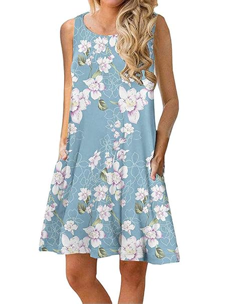 Sherosa Womens Summer Floral Print Sleeveless Sundressshort Sleeve Pockets Casual Loose Swing T Shirt Dress