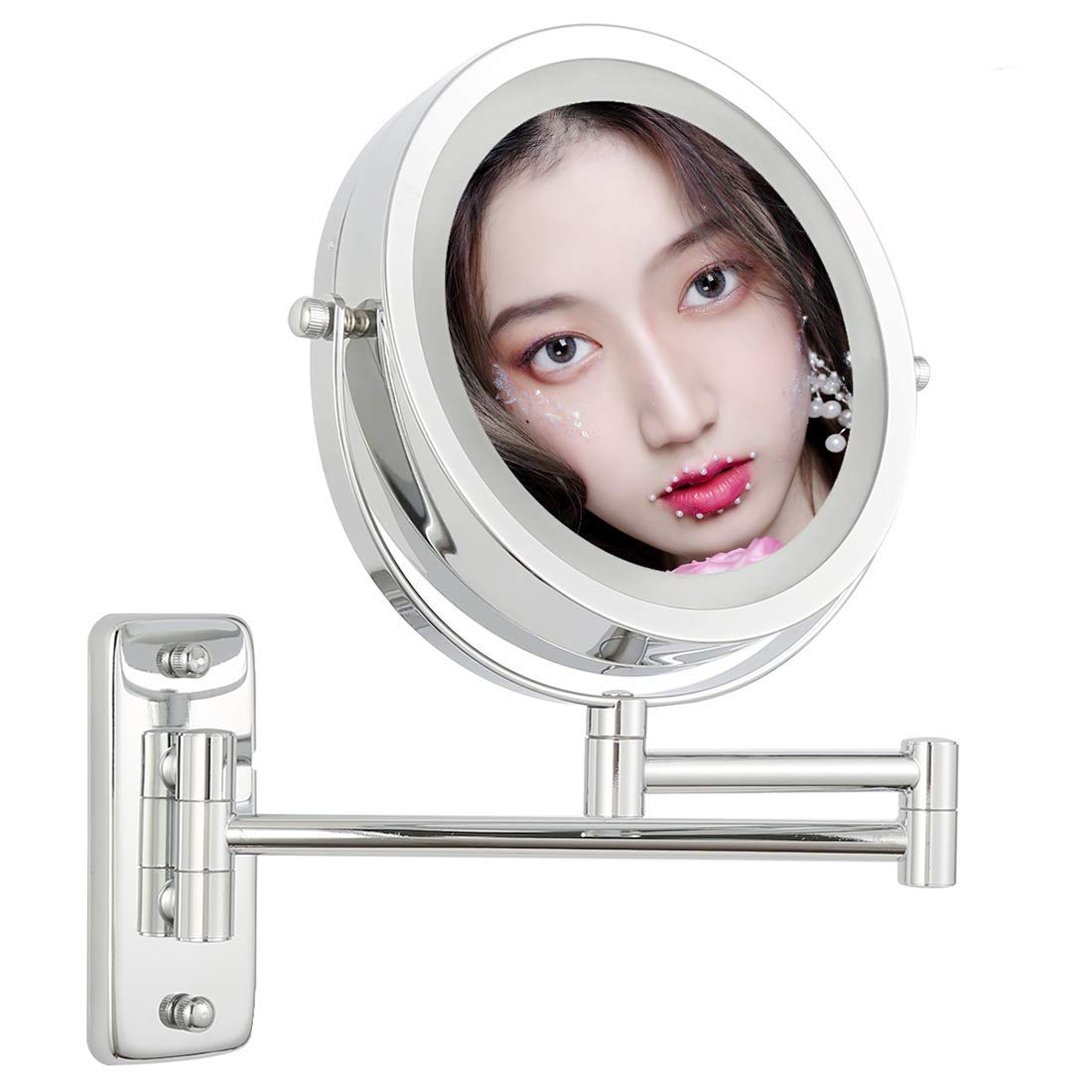 TAOKEY Wall Mounted Makeup Mirror 5X Lighted Makeup Mirror, Magnifying Vanity Mirror, Double Sided Round Shape with Swivel Magnifying Mirror 1x 5X 360°.Polished Chrome Finish (5xW)