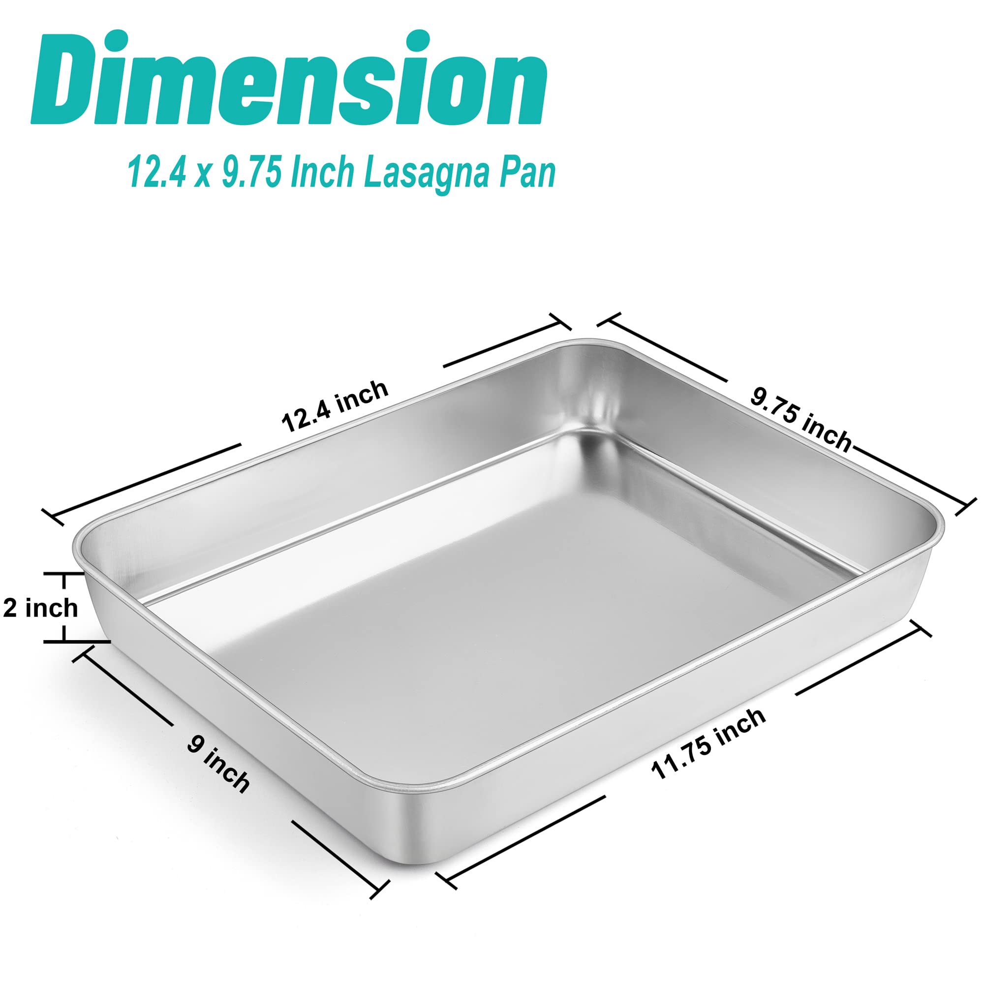 TeamFar Lasagna Pan, 12.3’’ x 9.75’’ x 2’’, Stainless Steel Rectangular Cake Brownie Casserole Pan For Roasting Baking, Healthy & Heavy Duty, Brushed Surface & Deep Side, Dishwasher Safe