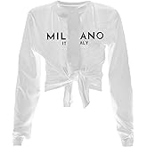 Sexy Tie-Front Tops for Women Clubwear Long-Sleeve Milano Graphic Crop Top Deep V-Neck T-Shirts Trendy
