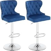 ANTOKA Set of 2 Adjustable Swivel Bar Stools, Velvet Upholstered Counter Height Chairs with Nailhead Trim, Silver Footrest, and High Back for Kitchen Island, Home Bar, Dining Room, Cafe,Blue