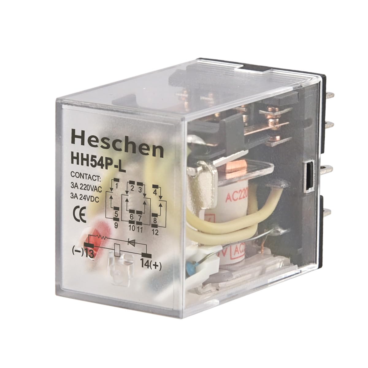 Heschen Gereral Purpose Power Relay, HH54P-L, 220VAC Coil, 3A 220VAC/24VDC, 4PDT, 14 Pin Terminals, LED Indicator