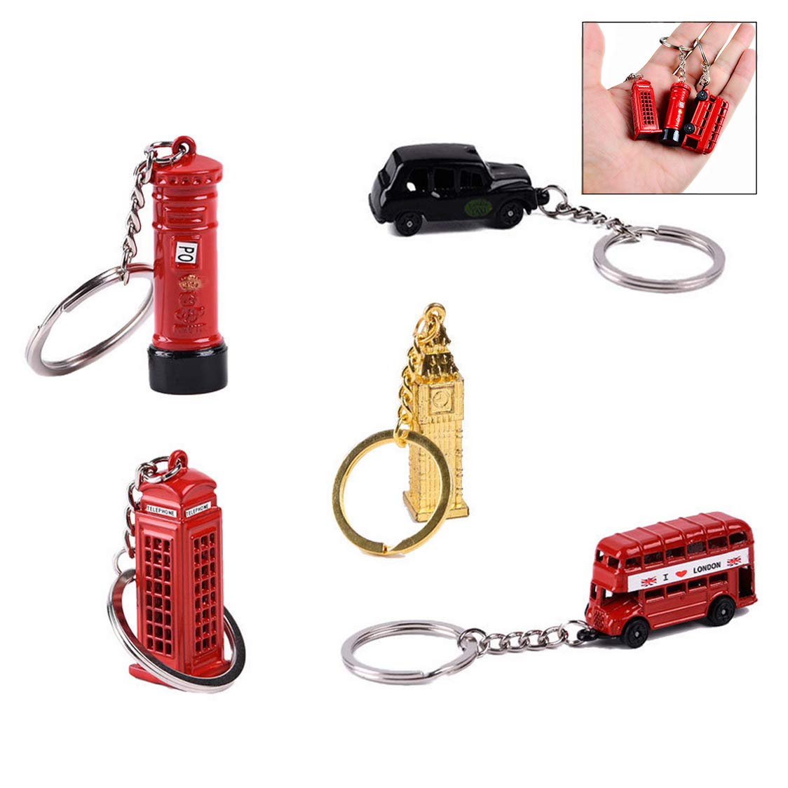 XLKJ 5 Pcs London Landmark Die Cast Metal Keyrings,British Souvenir Keyring Gift