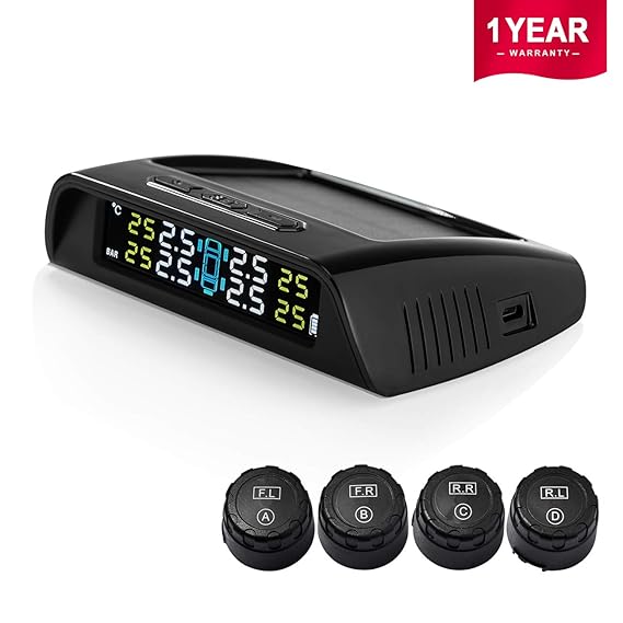 Favoto Auto TPMS Reifendruckkontrolle Solar Reifendruck Prüfer Reifendruckmesser 1-5 Bar mit 4 Externe Sensoren, LCD Display 