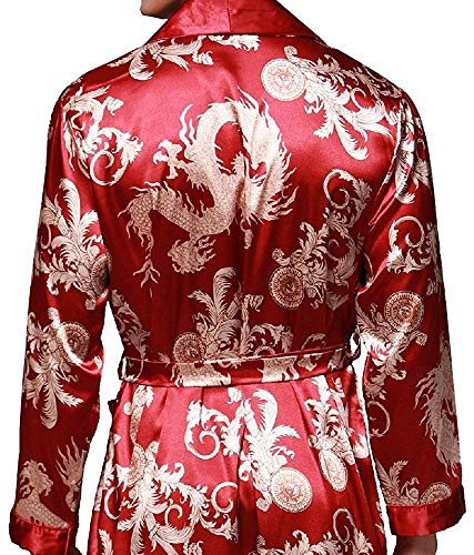 VERNASSA Mens Satin Robe Silk Long Sleeve Kimono Bathrobe Sleepwear Loungewear Burgundy