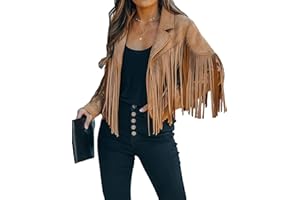 ebossy Women's Suede Fringe Jacket Long Sleeve Slim Faux Leather Boyfriend Cropped Top with Tassles