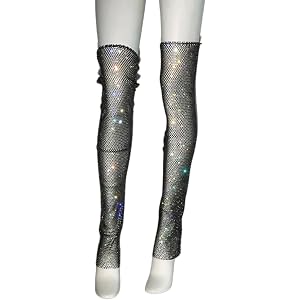 AWUZNE Sparkly Rhinestones Mesh Thigh High Socks for Women Sheer Over Knee Fishnet Stockings Festival Leg Warmers