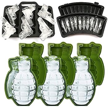 MoldFun 3D Grenade Ice Ball Molds & Pistol Gun + AK47 Bullet Ice Cube Trays - Set of 5 - Novelty Ice Maker for Whisky Cocktail