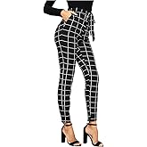 WDIRARA Women's Stretchy Plaid Print Pants Soft Skinny Regular Fashion Leggings