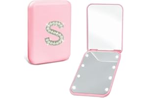 Aganmi Travel Essentials Accessories Personalized LED Pocket Mirror Pearl Letter 1X/2X Magnification Small Travel Makeup Mirror with Lights Pink Folding Compact Mirror for Women Teen Girl (S)