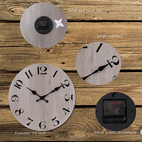12" Wall Clock Rustic Weathered Gray Wooden Wall Clock Decoration for