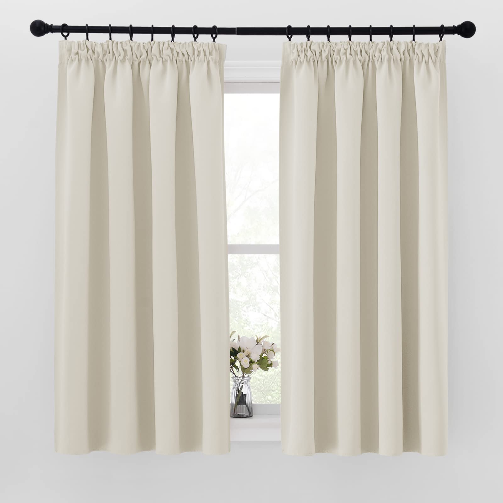 PONY DANCE Beige Blackout Curtains, 54 Inch Drop, Bedroom & Kitchen, Thermal Insulated, Pencil Pleat for Track Rail, W46 X L54, 1 Pair, Light Beige
