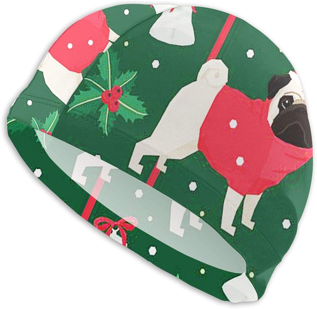Free4 Swim Cap for Men Women Christmas Green Pug Dogs Swimming Hat for Adult