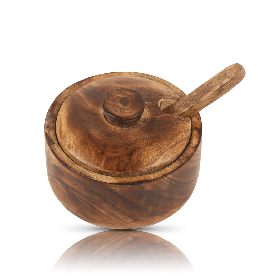Decorative Rustic Wooden Sugar Bowl & Spoon With Lid Wide Mouth Candy Treat Jar Spice Jar Holder Condiment Nuts Serving Bowl Pot Salt Spice Herb Loose Leaf Tea Storage Container Novelty Home & Kitchen