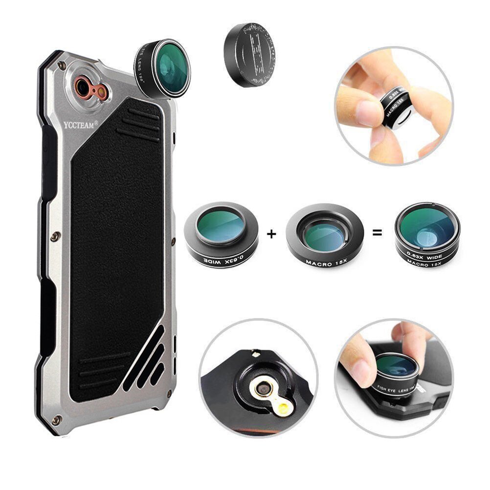 iPhone 7 Case Slivery, CBSKY 3in1 Aluminum Impact Resistance Shockproof Dustproof Ptotective Case Cover For Apple iPhone 7 Fisheye + Macro + Wide Angle Camera Lens