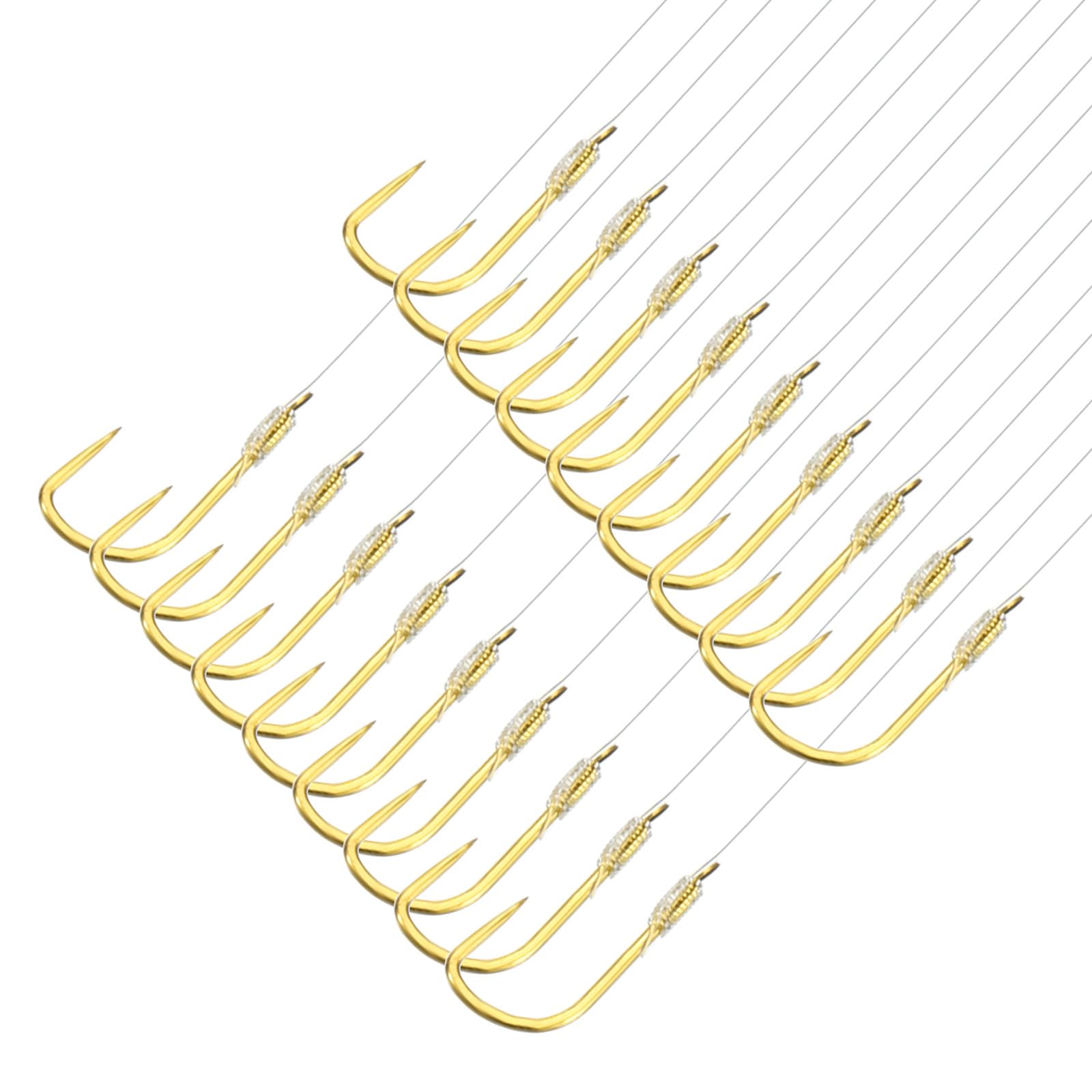 PATIKIL 1# Small Fishing Hooks with 45cm Line, 20Pcs 0.28x0.14 Inch Double Hook Rigs Fishing Hook on Nylon Line for Freshwater, Gold Tone