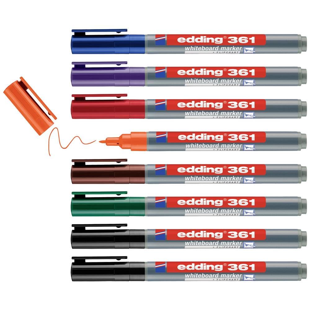 edding 361 whiteboard marker set - multi-coloured - 8 whiteboard pens - round nib 1 mm - whiteboard pen dry wipe - for whiteboards, flipcharts, magnetic, memo boards - sketchnotes - refillable