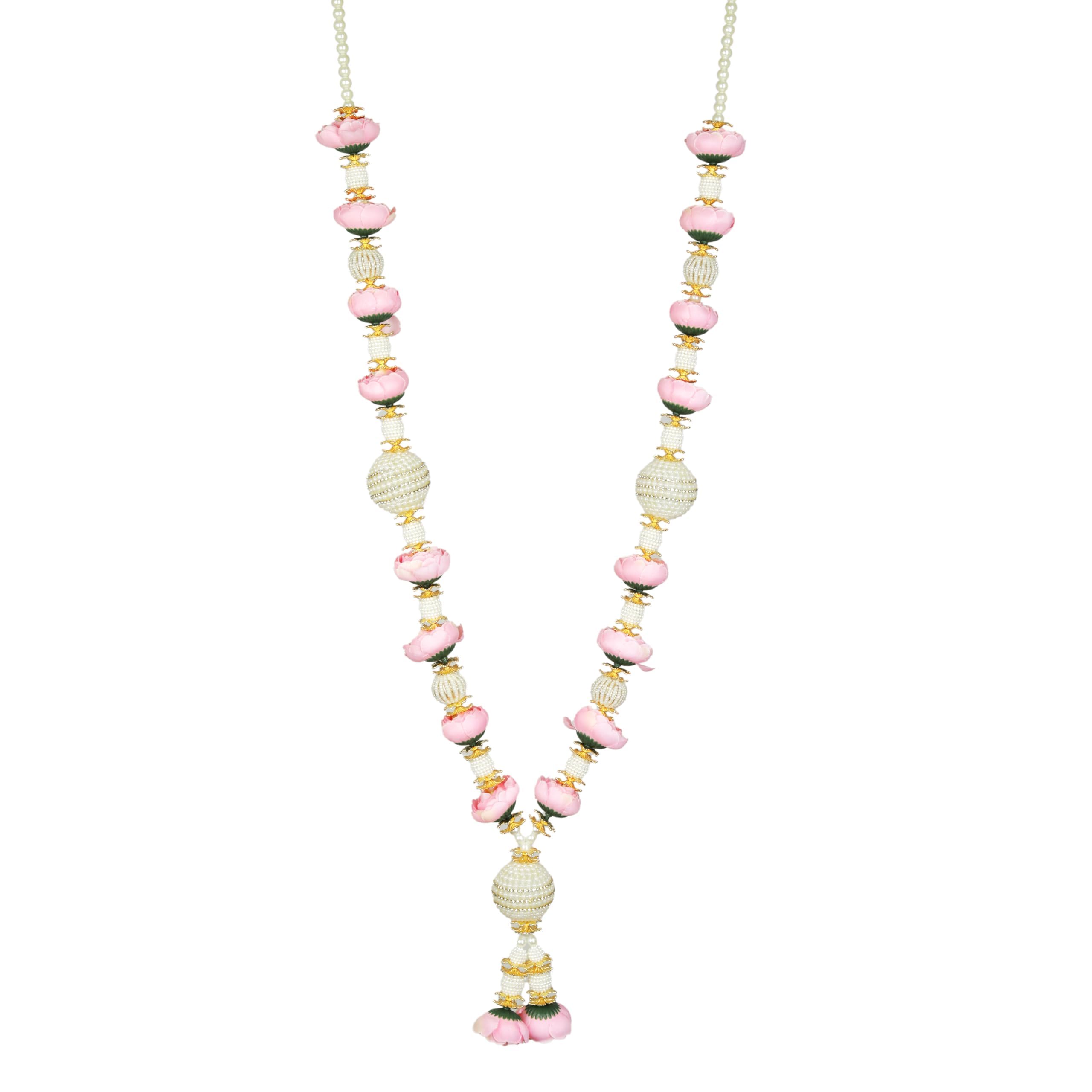 Artificial Mala Rose Flowers Ribbon Garland Haar large Mala for Idol-Mala with white beads for God Statues Accessories Pooja Sringar Articles Ornament for Indian Traditional Festival (Size:-27")(Pink)