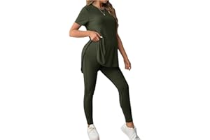 OYOANGLE Women's Maternity 2 Piece Ribbed Knit Lounge Set Short Sleeve T-shirt and Legging Pants Fall Outfits