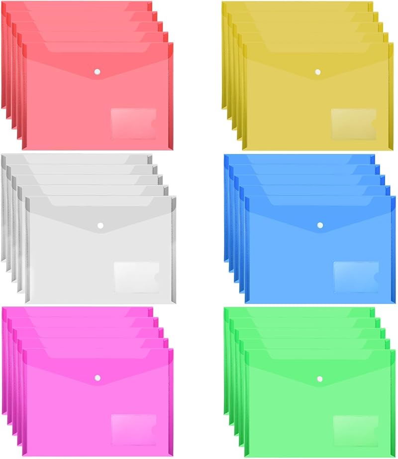 MerryNine Plastic Envelopes Wallets A4 30 Pack Colorful Document Folders