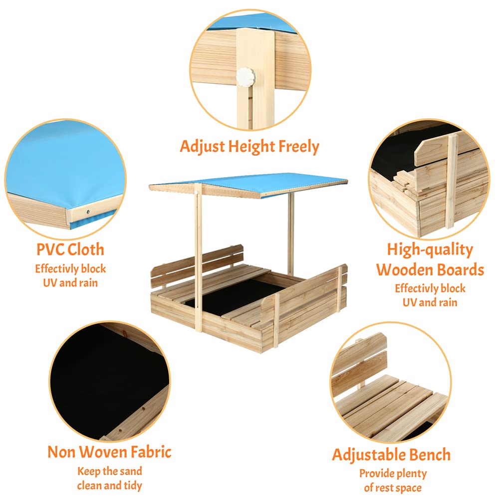 Kids Wooden Sandbox with Cover and Benches - 49 x 48 Inch