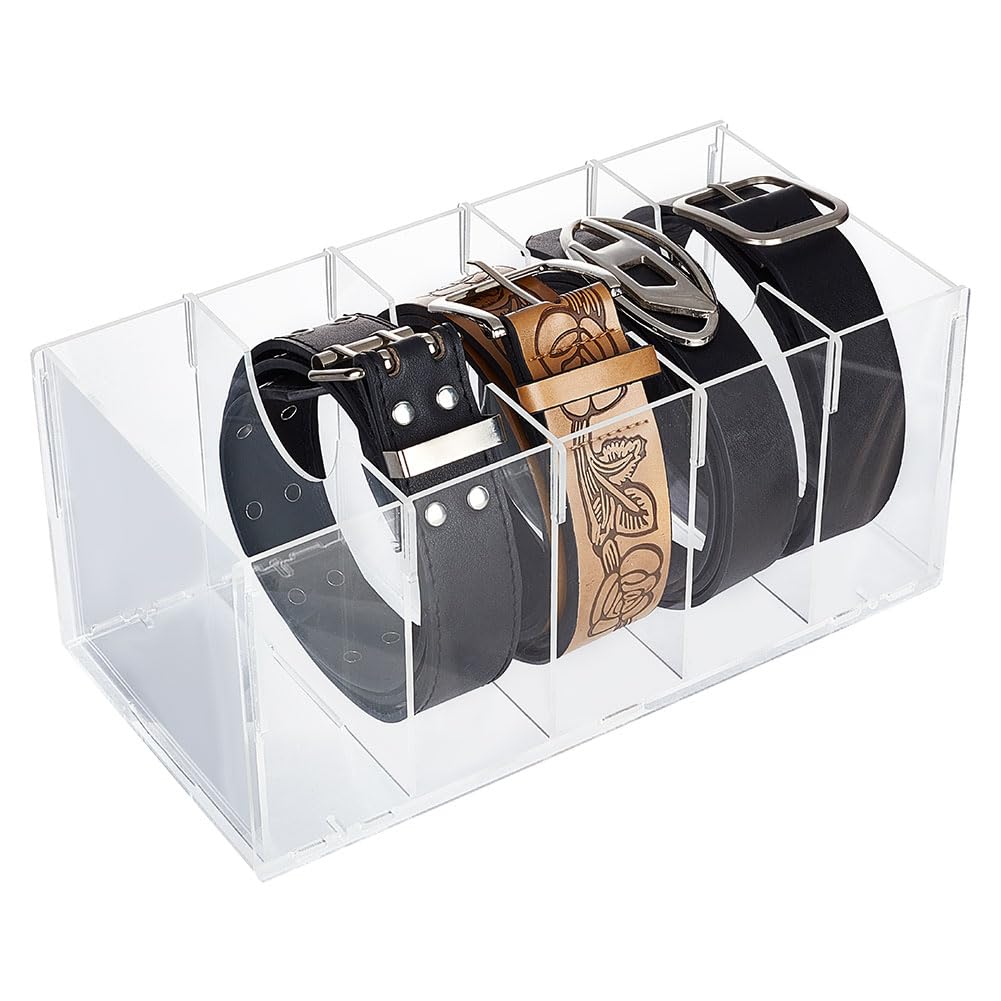 PH PandaHall 5 Compartments Acrylic Belt Organizer, Tie and Bow Tie Display Case, Clear Belt Case for Wardrobe, Rectangular Opening Storage Holder for Watches, Wallets for Closet