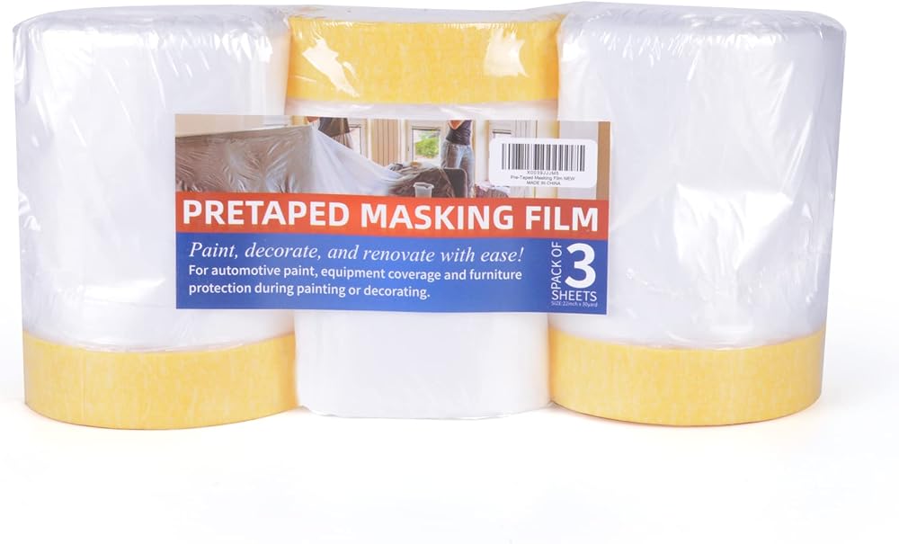 TAPEBEAR Pre-Taped Masking Film 22in x 30yd Plastic Dust Sheeting Roll 3pk