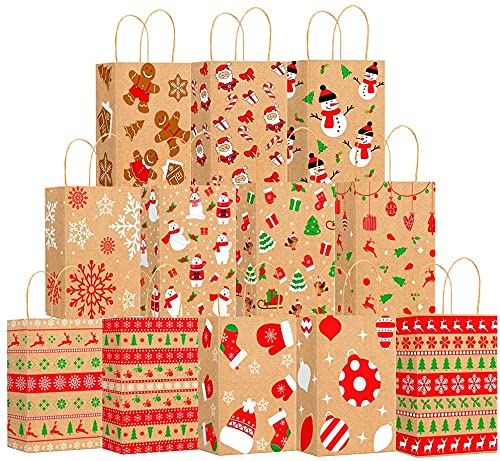VEYLIN Xmas Kraft Gift Bags, 12 Christmas Paper Present Treat Candy Bags with Handle for Party Supplies (9.1 x 3.5 x 5.9 Inches)
