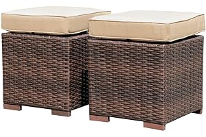 Patiorama 2 Pieces Assembled Outdoor Patio Ottoman, Indoor Outdoor All-Weather Dark Brown Wicker Rattan Outdoor Footstool Footrest Seat with Beige Cushions, No Assembly Required