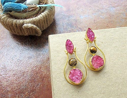Pink Fashion Earrings, Pink Druzy Earrings, Tigers Eye Earrings, Statement Earrings for Women